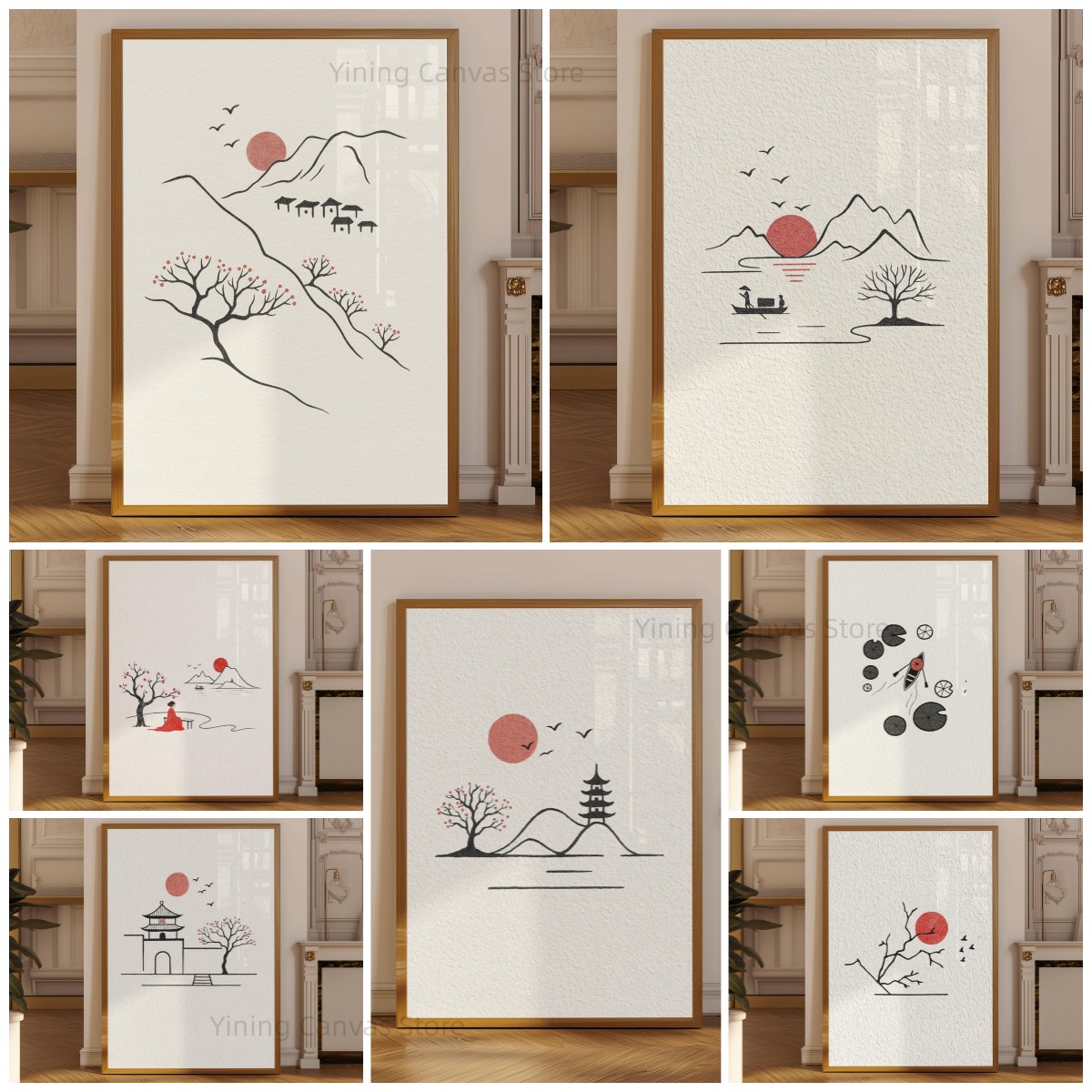 Japanese Zen Lifestyle - Minimalistisches japanisches Tuschegemälde, rote Sonnenzweig-Linienkunst mit