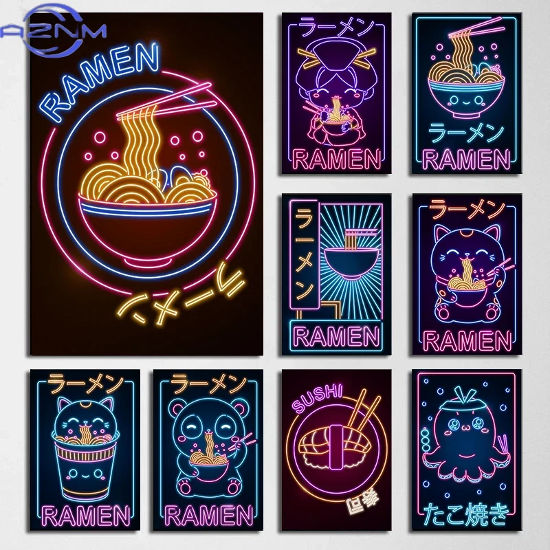 Japanese Lifestyle Culture - AZNM Japanische Wellen-Ramen-Sushi-Katzen-Poster, Neon-Design-Leinwandgemälde, japanische Kultur-Wandkunst,