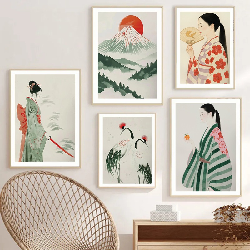 Japanese Zen Lifestyle - Mount Fuji & Crane Japanischer Wanddruck,