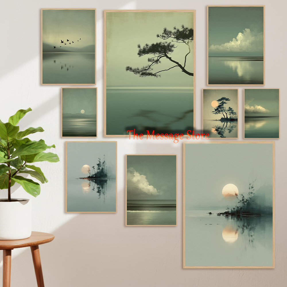 Japanese Zen Lifestyle - Japanische Landschaft Minimalistischer Mond See Wolken